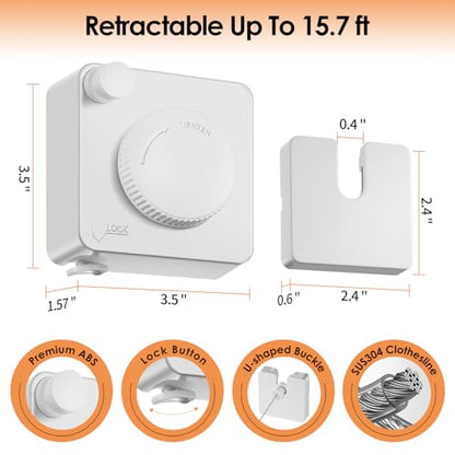 Yejay Retractable Clothesline Indoor, Non-Sagging Clothes Line Retracting Outdoors,Wall Mounted Heavy Duty Clothes Drying Line, Space-Saving Laundry Line for Balcony, Bathroom - 15.7Ft (White) - color: White