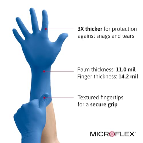 Ansell MICROFLEX SafeGrip SG-375 Extra Thick Disposable Latex Gloves for Life Sciences, Automotive w/Textured Fingertips - Small, Blue (Box of 50) - size: Small