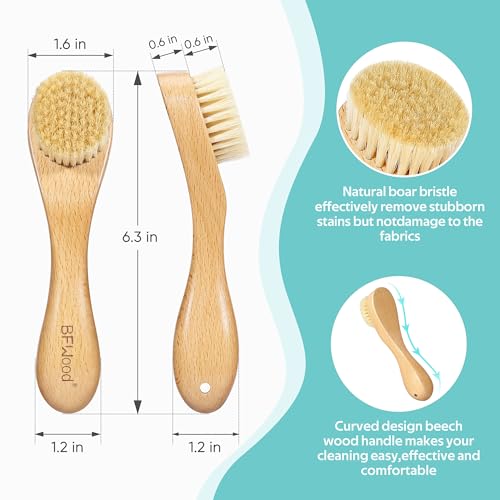 BFWood Laundry Stain Brush, Natural Soft Boar Bristle for Scrubbing Out Tough Stains on Delicate Fabrics, Knits, Cotton, Linens, No Damage