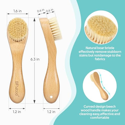 BFWood Laundry Stain Brush, Natural Soft Boar Bristle for Scrubbing Out Tough Stains on Delicate Fabrics, Knits, Cotton, Linens, No Damage