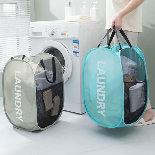 Mesh Popup Laundry Hampers, Collapsible Laundry Baskets, 2 Pack Dirty Clothes Hampers for Home, Bathroom, College Dorm, RV Cruise, Travel (Gray + Blue) - color: Blue + Gray