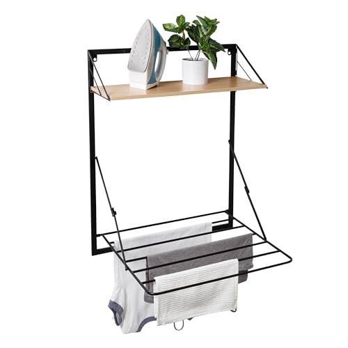 Honey-Can-Do Wall-Mount or Over-The-Door Compact Collapsible Drying Rack with Extra Shelf, Black & Oak