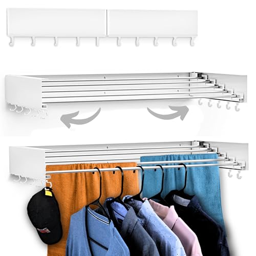 Foldable Wall Mounted Drying Rack - 31.5” Wide, 13.2 Ft Drying Space, 5 Aluminum Rods, Supports Up to 60 lbs - Retractable & Foldable Space-Saving Wall Mounted Clothes Drying Rack (White) - color: White