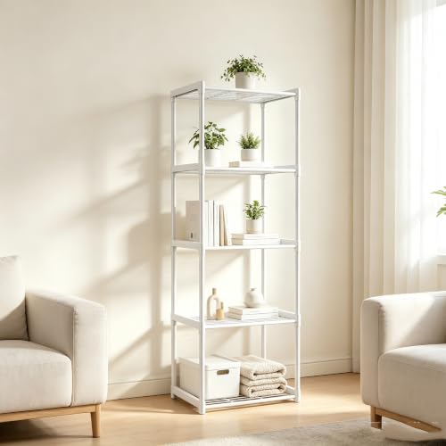 5-Tier Storage Shelves with Plastic Connectors – Metal Shelf Organizer for Pantry, Closet & Bathroom, Space-Saving Sturdy Shelving Unit Rack,White, 17.3" x 12.8" x 56.7" - color: White, size: 17.3" x 12.8" x 56.7"(5T)