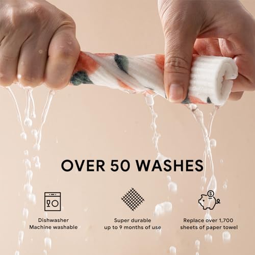RECYCO Swedish Dishcloths for Kitchen | 5 Pack Peachy Leaves Washable Dish Rags | Cellulose Reusable Cleaning Paper Towels | Absorbent Counter Dish Cloth Sponge Kitchen Wipes, 8" L x 7" W - color: Peachy Leaves- 5 Pack
