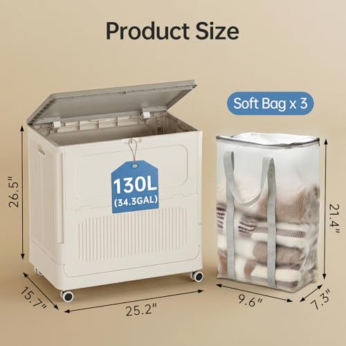 130L Plastic Laundry Hamper with 3 Independent Bags - color: Milky, size: 130L + 3 Bags