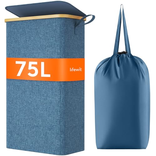 Lifewit 75L Slim Laundry Hamper with Lid and Removable Bag, Dark Blue - color: Dark Blue, size: 75L