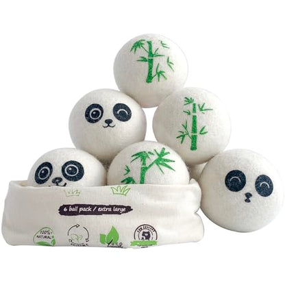 Wool Dryer Balls Laundry Reusable, 100% Natural New Zealand Wool Balls for Dryer, 6 in 1 Pack (Panda)