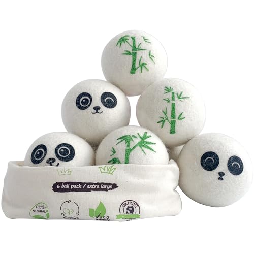 Wool Dryer Balls Laundry Reusable, 100% Natural New Zealand Wool Balls for Dryer, 6 in 1 Pack (Panda)