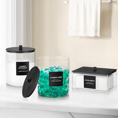 3 Pack Glass Jars and Acrylic Dryer Sheet Holder, Laundry Pods Container with Bamboo Lid and Measuring Cups for Laundry Room Organization, Powder Detergent Containers (Black) - color: Black