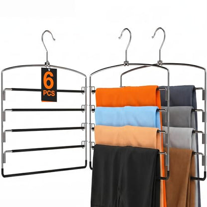 Korpai 6-Pack Pants Hangers Space-Saving Multi-Layer,150° Rotate Metal Swing Arm Non Slip Rubber Coating,Closet Organizers and Storage 360 Swivel Top Hook for Jeans,Trouser,Slacks,Skirt,Scarfs,Towels