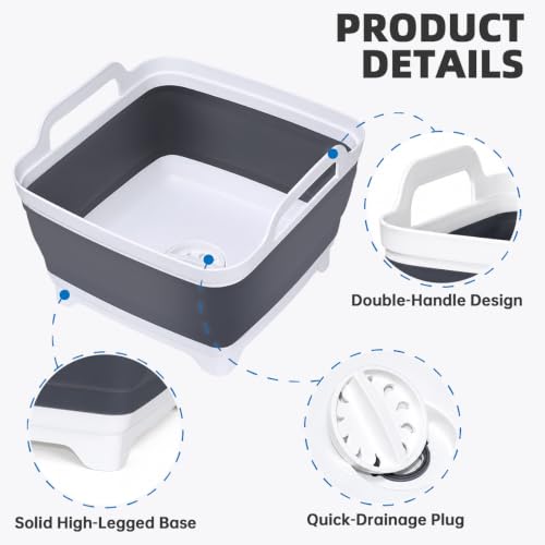 Collapsible Dish Basin, 9L/2.4 Gal Foldable Sink Tub with Drain