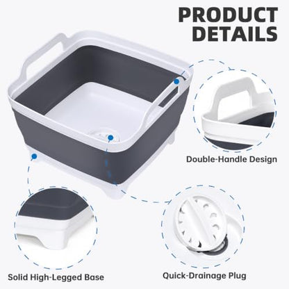 Collapsible Dish Basin, 9L/2.4 Gal Foldable Sink Tub with Drain
