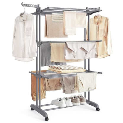 SONGMICS 4-Tier Clothes Drying Rack, Foldable, Rolling, 66.6-Inch Tall - color: Dove Gray, style: 4-Tier