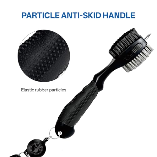 Hiker Golf Club Cleaning Brush with Groove Cleaner, Dual Sided Golf Club Brush, Oversized Wire and Nylon Brush Heads, 2ft Retractable Zipline Carabiner & Comfortable Rubber Grip Golf Accessories - color: Black