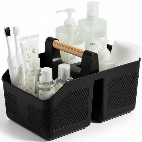 Plastic Shower Caddy Portable Shower Basket with Bamboo Handle, Black - color: Black
