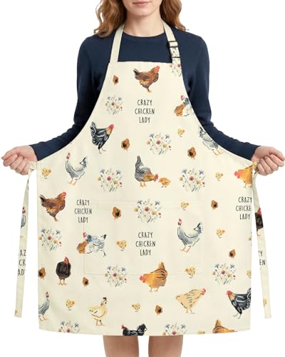 Women Apron, Cute Kitchen Aprons for Women, Girls - color: Beige Chicken Lady