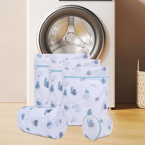 Durable Mesh Zipper Laundry Bags Machine Wash, 5-Piece Leaves Print - color: Leaves