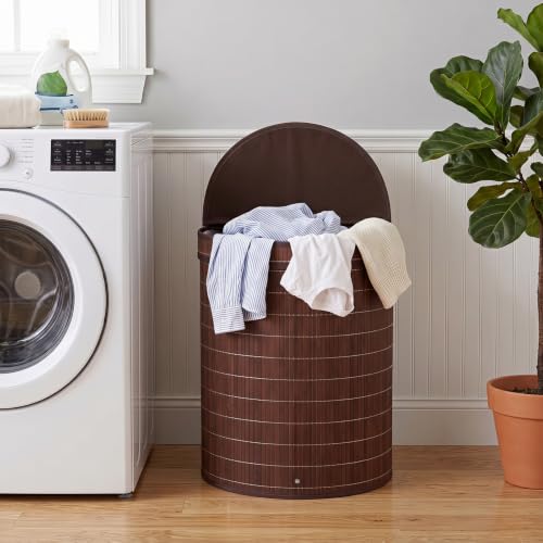 Giantex Bamboo Laundry Hamper with Zippered Lid, 16 Gal Large Capacity Clothes Hamper w/Removable Liner, Half Moon Laundry Basket for Bedroom, Bathroom, Laundry Room (Brown) - color: Brown