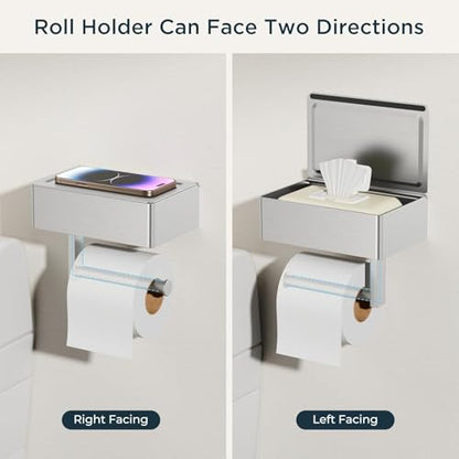 FORIOUS Toilet Paper Holder with Shelf, Wall-Mounted Modern Wipes Dispenser - color: Stainless Steel, size: Big 2 Pack-8" (L)
