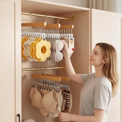 Pure Wood Rotating Closet Organizer with 12 Clips, Legging Hangers for Closet Organizer- 360 Rotating Metal Clips with Silicone Lining, Space Saving Hanging for Jeans Skirts Socks (1)