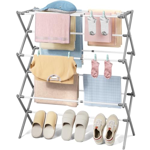 KINGBOARD 3-Tier Extendable Clothes Drying Rack, Foldable, White & Grey - color: White&grey