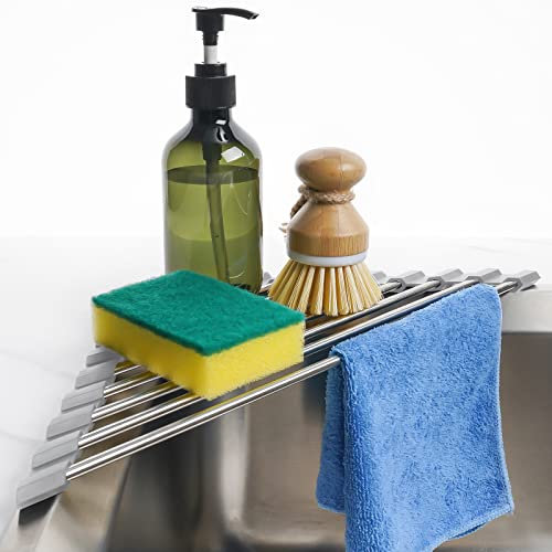 Tomorotec Triangle Roll-Up Dish Drying Rack for Sink Corner Small Foldable Stainless Steel Over The Sink Multipurpose Kitchen Drainer Caddy Organizer Storage Space Saver Shelf Holder (Gray) - color: Gray