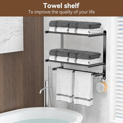 Adjustable 16.9–28" Matte Black Towel Rack for Bathroom SUS304 Stainless Steel 2-Tier Shelf with Extended Bar & 4 Sliding Hooks, Adhesive or Screw Mount, Bathroom/Over-Toilet Organizer - color: Adjustable 16.9–28" Matte Black Towel Rack