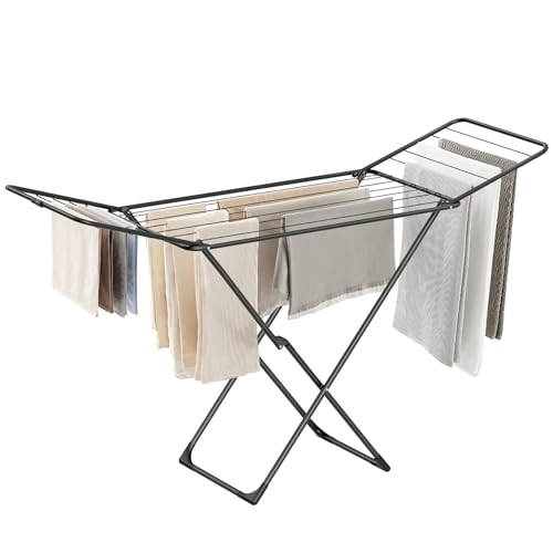 SONGMICS Clothes Drying Rack, Foldable, Heavy Duty, 2 Gullwings - color: Black, style: 2 Gullwings（19.7"D)