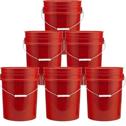 5 Gallon Food Grade Plastic Bucket, Open Head Pail with Handle, 12-3/8 in Diameter x 14-3/4 in Height (Red, 6 Pack) - color: Red, size: 6 Pack