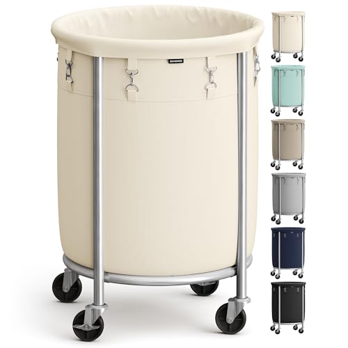 SONGMICS Laundry Basket with Wheels, 29 Gal., Steel Frame, Removable Bag - color: Cream White + Metallic Silver, size: 110 L (1-Section)