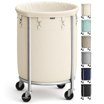 SONGMICS Laundry Basket with Wheels, 29 Gal., Steel Frame, Removable Bag - color: Cream White + Metallic Silver, size: 110 L (1-Section)