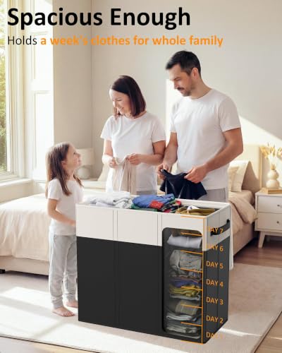 Optish 180L Laundry Hamper 3 Section, Large Hamper with Mesh Bags & Lid - color: White & Black