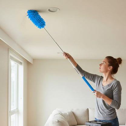 Microfiber Feather Duster with 29 in Telescoping Pole and Bendable Head for Ceiling Fans, Ceilings, Blinds, Furniture and Cars, Blue - color: Blue