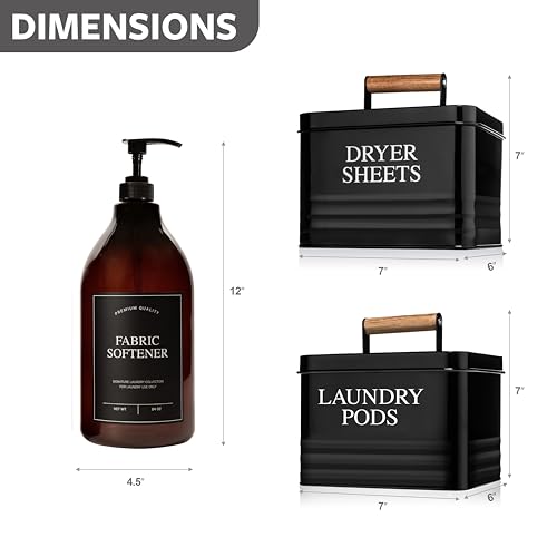 Calindiana Modern Farmhouse Liquid Laundry Detergent and Fabric Softener Dispenser, Dryer Sheets Holder and Laundry Pods Holder Bundle for Laundry Room Organization and Storage, Laundry Room Decor