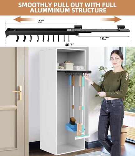 Pull Out Broom Holder With Adjustable Double Row Sliding Hook-Black 22in - color: Black, size: 56cm/22.05inch