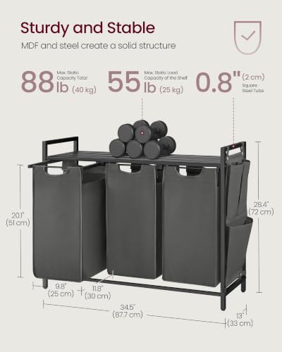VASAGLE Laundry Hamper with Shelf, 3 Pull-Out Bags, 3 x 10.6 Gallons (40 L) - color: Slate Gray + Charcoal Gray, size: 3 Bags - 120 L
