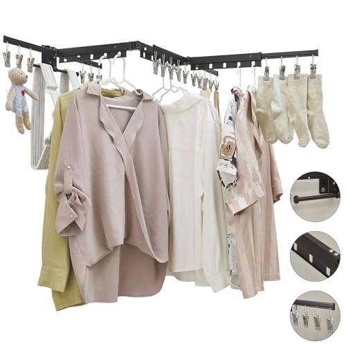 BESy Wall Mounted Laundry Clothes Drying Rack Foldable for Hanging Clothes Upgrade Retractable Foldable Collapsible Tri-Fold Drying Racks for Laundry Balcony Bathroom Aluminum Alloy Matte Black