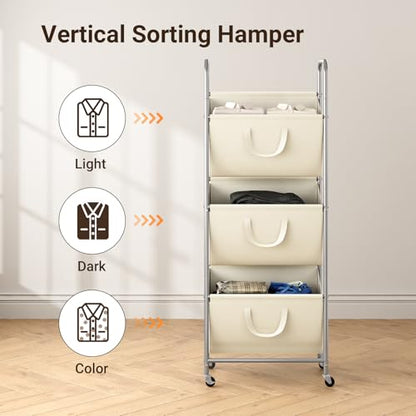 ELYKEN 3-Tier Vertical Rolling Laundry Hamper with Wheels & Removable Bags - color: Creamy