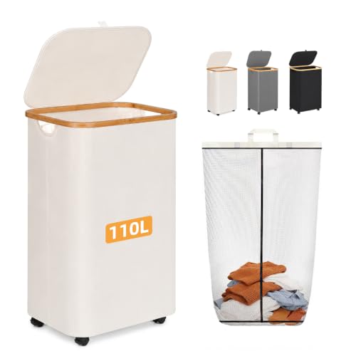 Slim Laundry Hamper with Wheels 110L with Removable Wash Bag White