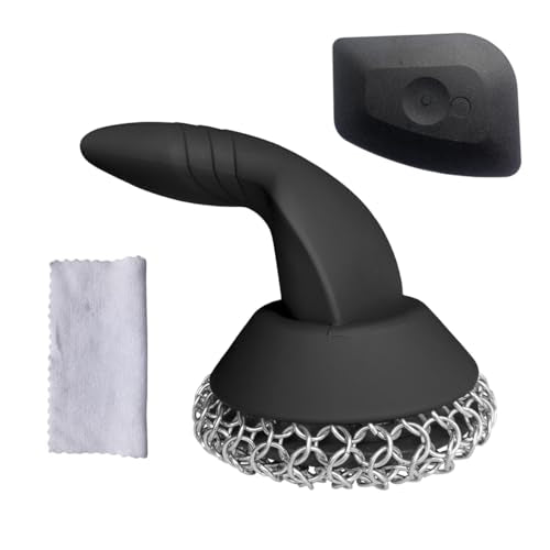 Cast Iron Scrubber with Pan Scraper & Towl, 316 Chainmail Scrubber with Long Handle, Upgraded Chain Mail Scrubber Cleaner for Grill Pan Skillet Wok Carbon Steel Dutch Oven Metal Brush (Black) - color: Black