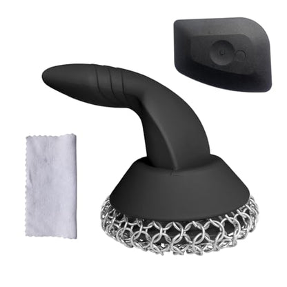 Cast Iron Scrubber with Pan Scraper & Towl, 316 Chainmail Scrubber with Long Handle, Upgraded Chain Mail Scrubber Cleaner for Grill Pan Skillet Wok Carbon Steel Dutch Oven Metal Brush (Black) - color: Black