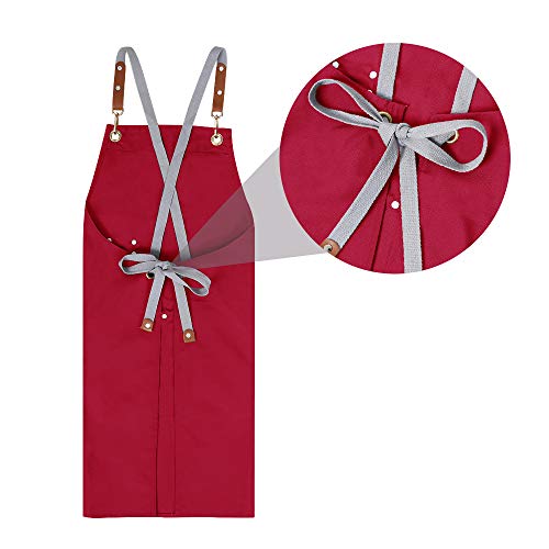 Chef Apron,Cross Back Apron for Men Women with Adjustable Straps and Large Pockets,Canvas,M-XXL (Red) - color: Red