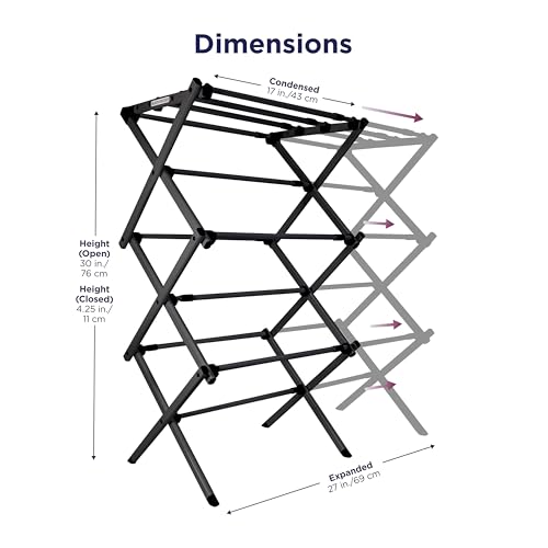 BLACK+DECKER Space Saving 3-Tier Expandable Clothes Drying Rack, Foldable Laundry Rack for Indoor Air Drying, Rust Resistant Steel, 24.6 Ft Drying Space, Black - color: Black/Black