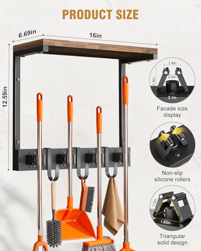 Supforce Small Broom Holder Wall Mount with Shelf, 4 Slots 3 Hooks - color: Black, size: Small