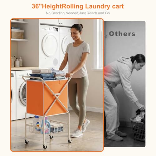 Convenient Laundry Basket with Wheels,36" High Easy Rolling Laundry Cart with Wheels,Heavy Duty Dirty Clothes Laundry Hamper with Handles Removable Bag for Seniors,Folding Metal Frame/Orange/98L - color: Orange