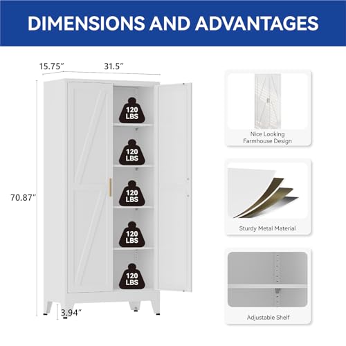 COFaR 71'' Tall Metal Storage Cabinet, Farmhouse Kitchen Pantry Cabinet with Doors and 4 Adjustable Shelves, White Metal Cabinets for Kitchen, Bathroom, Laundry, Garage, 5-Tier - color: White, size: 15.75''D × 31.5''W × 70.87''H-S01