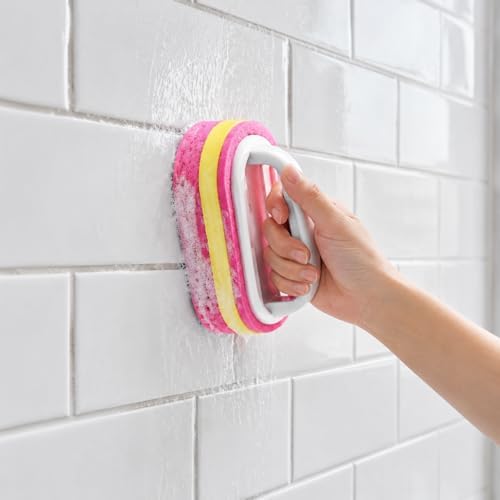 Bath Cleaning Brush, Grip Handle Scrubber for Tile & Sink, Pink - color: Pink