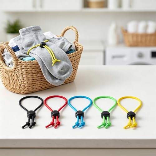 10pcs Sock Clips for Laundry, Elastic Adjustable Stocking Organizer Tie Clips Straps, Latex Laundry Sock Holder Locks for Washing Machine and Dryer- 5 Colors