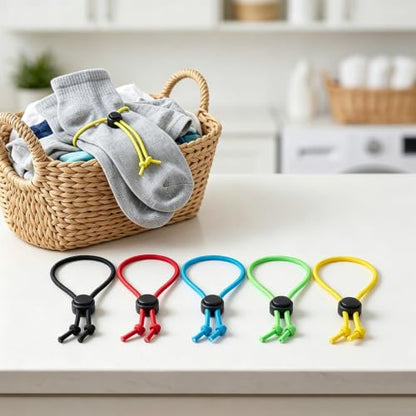 10pcs Sock Clips for Laundry, Elastic Adjustable Stocking Organizer Tie Clips Straps, Latex Laundry Sock Holder Locks for Washing Machine and Dryer- 5 Colors